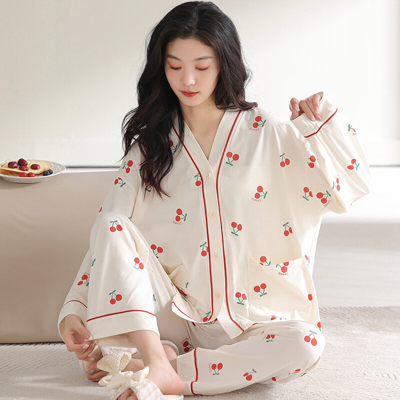 100% Cotton Pajamas Set Women's Spring and Autumn Sleepwear Long-sleeve Home Service Women's Simple Loose Casual Suit