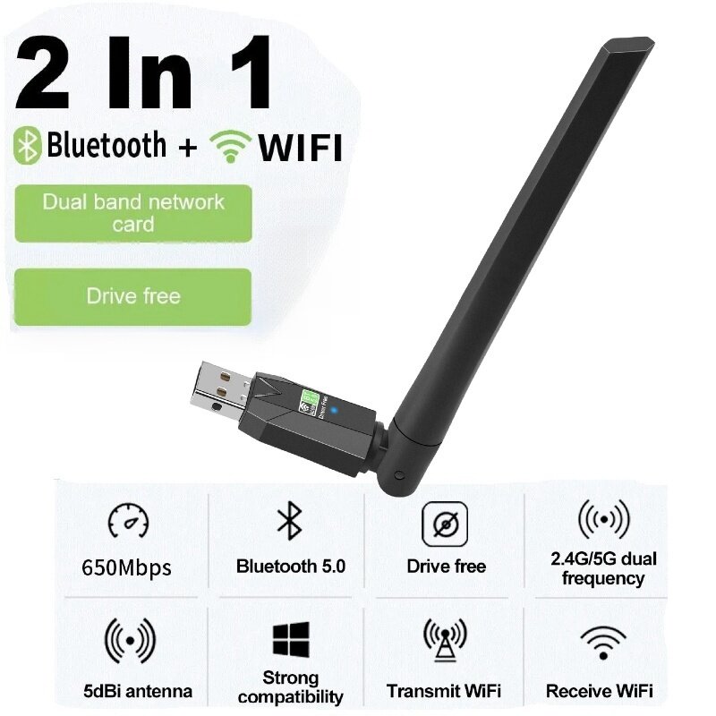 Adaptor Bluetooth WiFi USB 600Mbps, aksesori PC penerima nirkabel Mini antena Wi-Fi Dual Band 2.4G 5GHz kartu jaringan 2in1