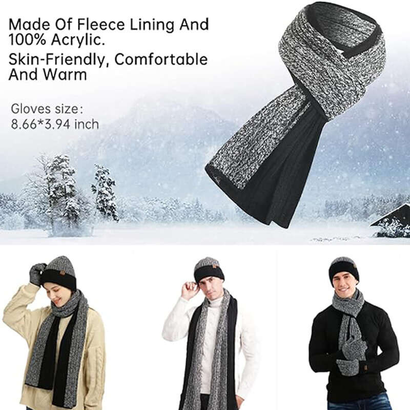 Warm Knitted Men's Scaves and Beanie Hat Gloves Set with Touchscreen Gloves Winter Thick Fleece Lined Neck Gaiter Cap Gloves