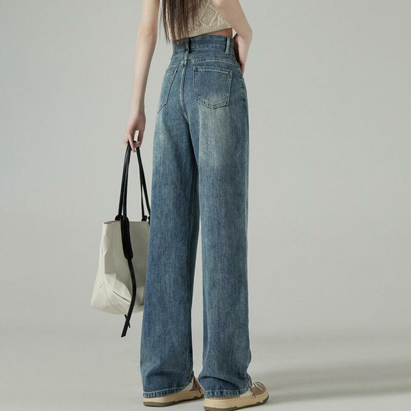 Calça jeans retrô de perna larga reta feminina, bolsos de cintura alta, zíper de botão, jeans solto, cor gradiente, verão