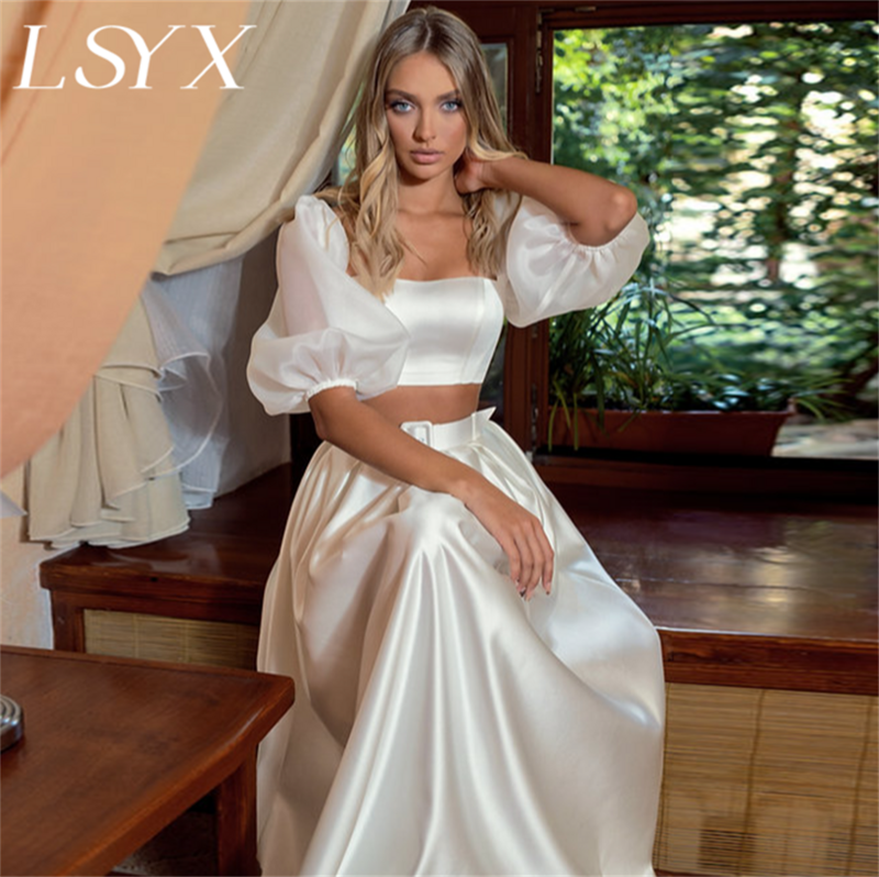 LSYX قطعتين نفخة الأكمام الساتان Ruched ألف خط فستان الزفاف للنساء الحديثة سستة سويب قطار فستان الزفاف مخصص