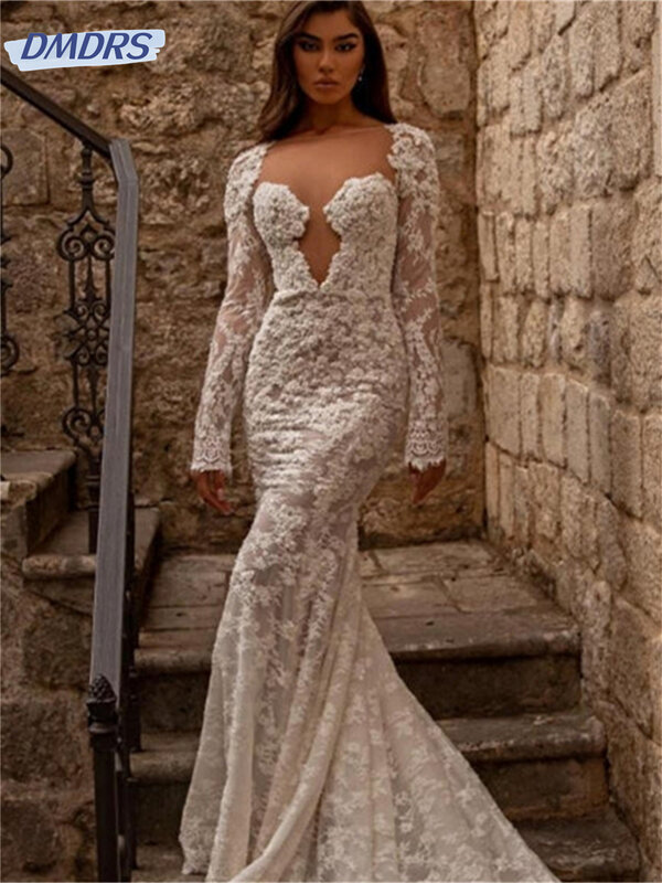 Klasyczna suknia ślubna z długim rękawem 2024 seksowna suknia ślubna z odkrytymi plecami romantyczna sukienka o długości podłogi w stylu a Vestidos De Novia