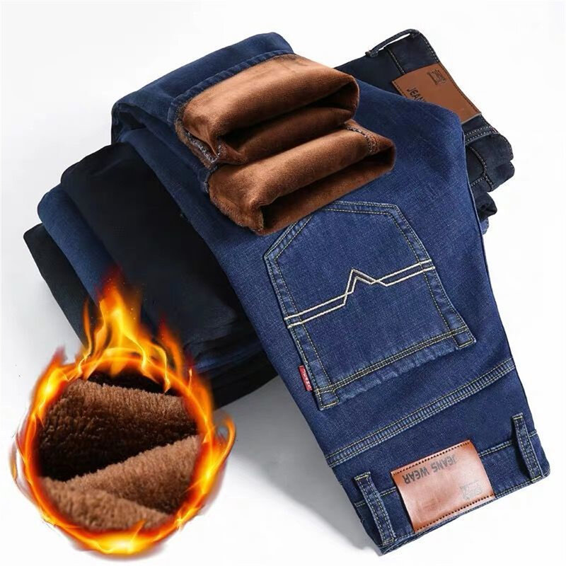 Celana panjang Jeans hangat untuk pria, celana panjang Denim Retro kasual berkualitas tinggi elastis musim gugur, celana Jeans bisnis modis untuk pria