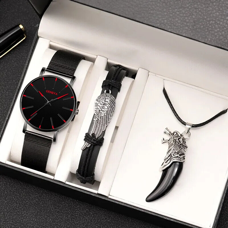 3 Stuks Set Mode Heren Ultra Dunne Eenvoudige Horloges Mannen Business Casual Hand Touw Ketting Roestvrij Staal Gaas Riem Quartz Horloge