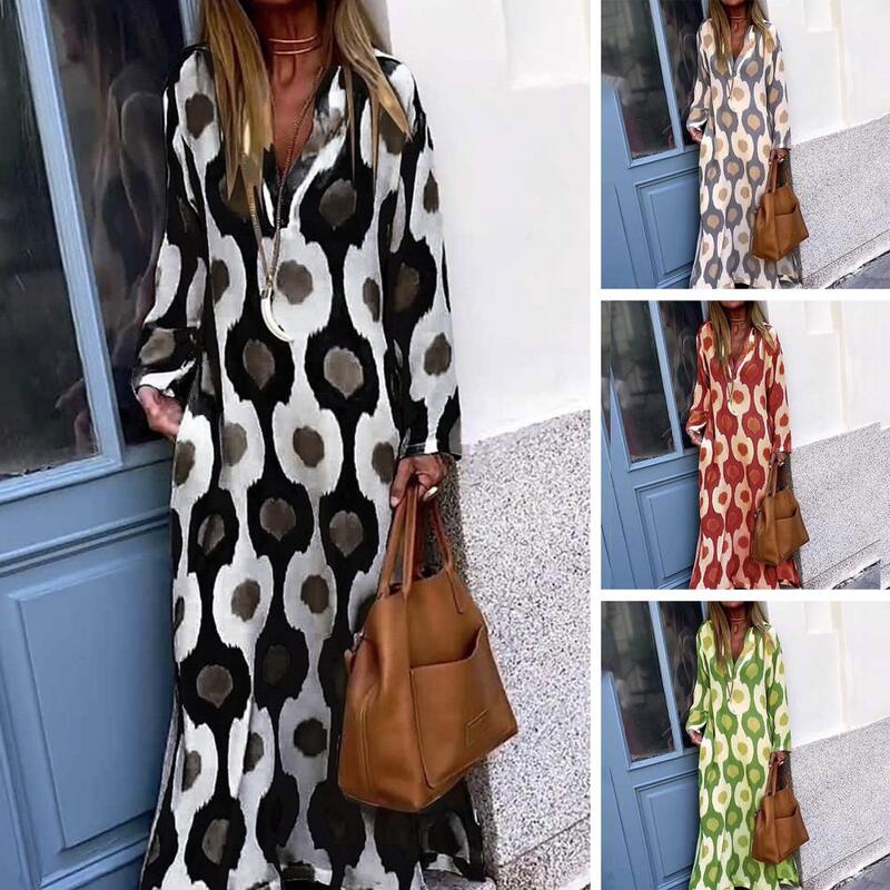 Herbst Winter Kleid Vintage Dame Maxi kleid Farbe passenden Druck V-Ausschnitt Revers A-Linie Loose Fit geometrischen Druck Kleid