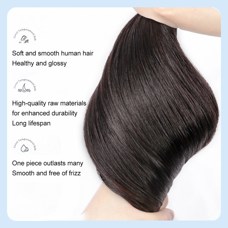 Peluca de cabello humano con flequillo para mujer, pelo corto y liso, color negro Natural, uso diario
