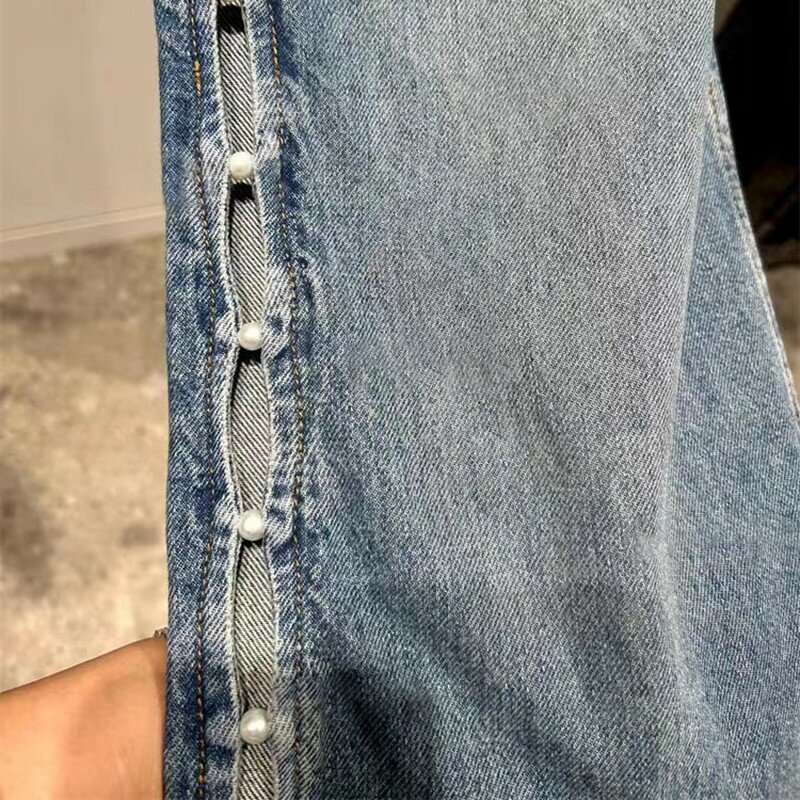 Nische 2024 Frühjahr All-in-One-Mode blaue Seite Perlen besatz Jeans hose mit geradem Bein