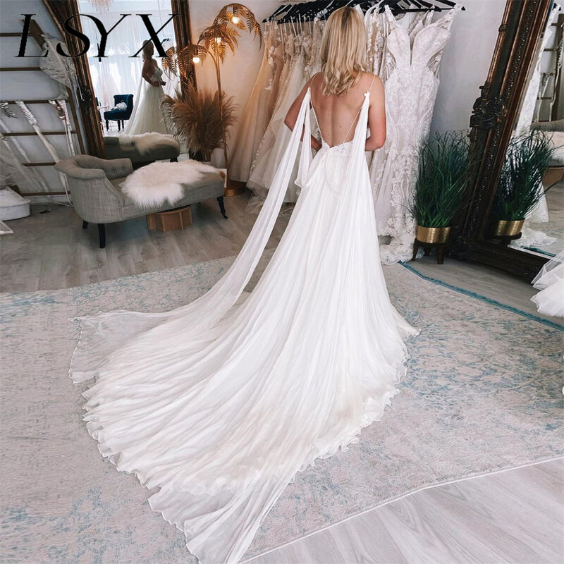 LSYX V-Neck Sleeveless Spaghetti Straps Appliques A-Line Chiffon Wedding Dress Open Back High Side Slit Bridal Gown Custom Made