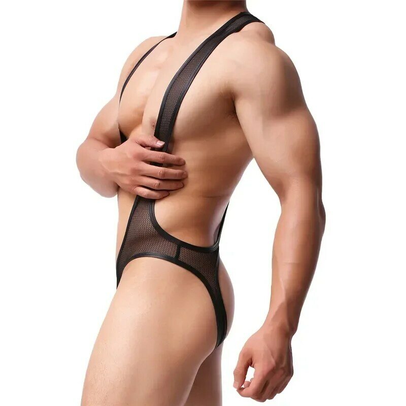 Bodysuit Thong jala transparan pria jumpsuit singlet gulat Jockstrap pakaian dalam erotis tembus pandang pria Lingerie pakaian dalam