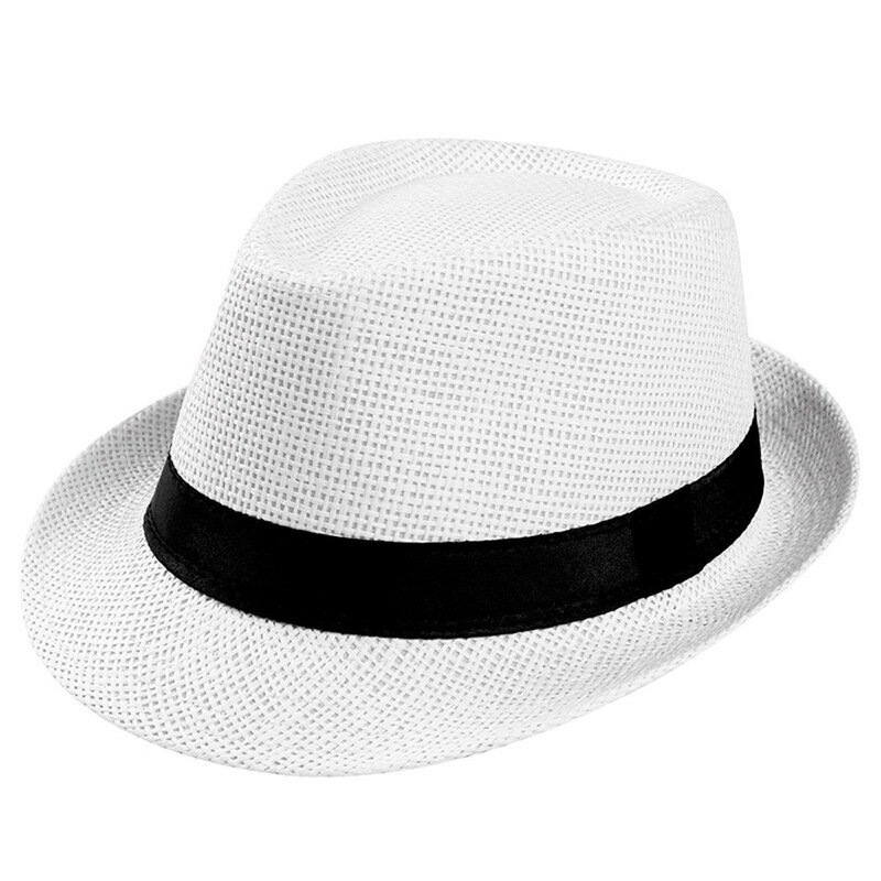 Topi Jerami Matahari Panama Uniseks Topi Gangster Trilby Topi Jerami Pernikahan Topi Pantai Band Sunhat Topi Pria Wanita dengan Pita Hitam L * 5