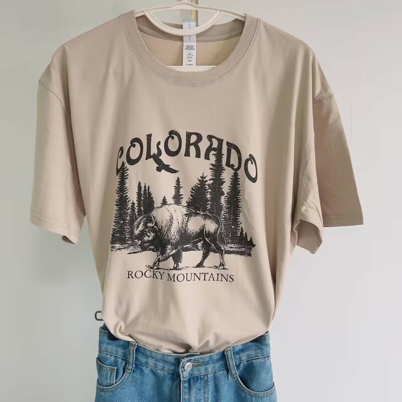 Colorado Buflo 프린트 화이트 티셔츠, 레트로 사막 티, 여성용 반팔 코튼 패션, O넥 프린트 상의