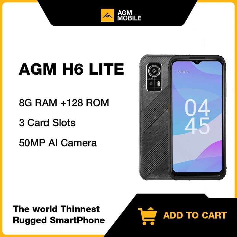 AGM-Smartphone robuste H6 Lite, 8(4 + 4) Go + 128 Go, appareil photo 50MP, étanche, écran HD + de 6.56 pouces, NDavid, 4900mAh
