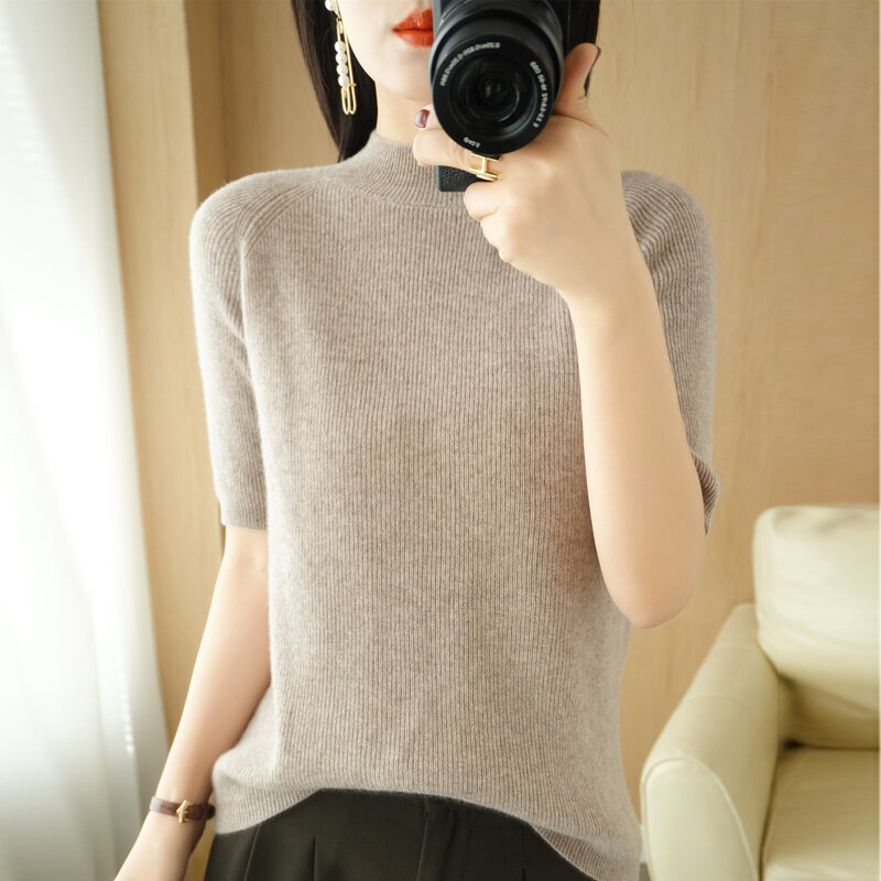 Suéter de moda para mujer, jersey de Cuello medio alto de Color sólido, manga de cinco puntos, Jersey de punto de fondo, Top delgado de tendencia coreana 2022