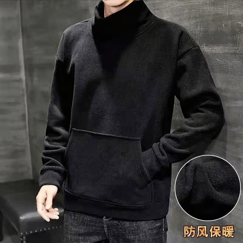 Autumn Winter Keep Warm Turtleneck Long Sleeve Men Sweatshirt Pocket Fashion Harajuku 2xl Oversized Solid Pullovers Office Black