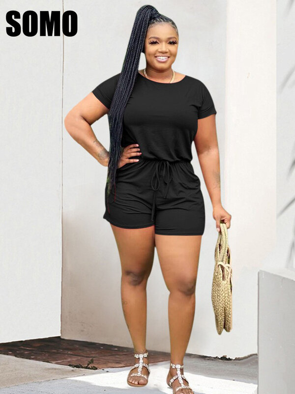SOMO Plus Size Women Jumpsuit Summer Solid O-neck Short Sleeve Shorts Rompers Strappy Ladies Playsuit Wholesale Dropshipping