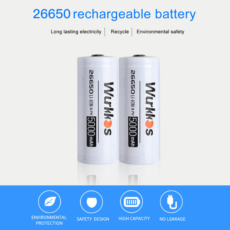Wurkkos 3.7V 26650 5000mAh batteria agli ioni a punta 3C batterie agli ioni di litio a scarica ad alta capacità torcia (Zoom) come regalo