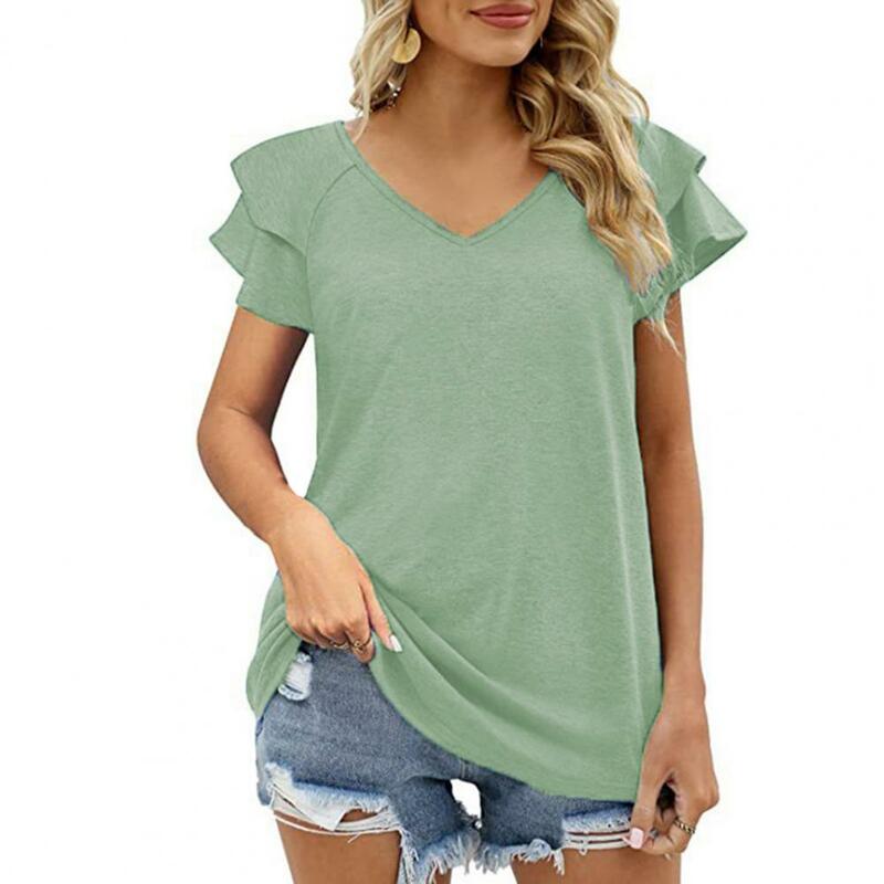 여성용 경량 더블 레이어 러플 브이넥 티셔츠 컬렉션, 단색 스트리트웨어, 스타일리시 상의, 여름