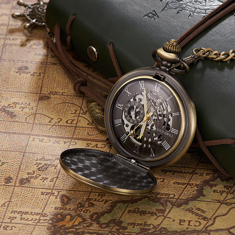 Jam tangan saku klasik pria, jam tangan mekanik Steampunk Vintage baja nirkarat jam tangan Fob perak emas hitam jam liontin