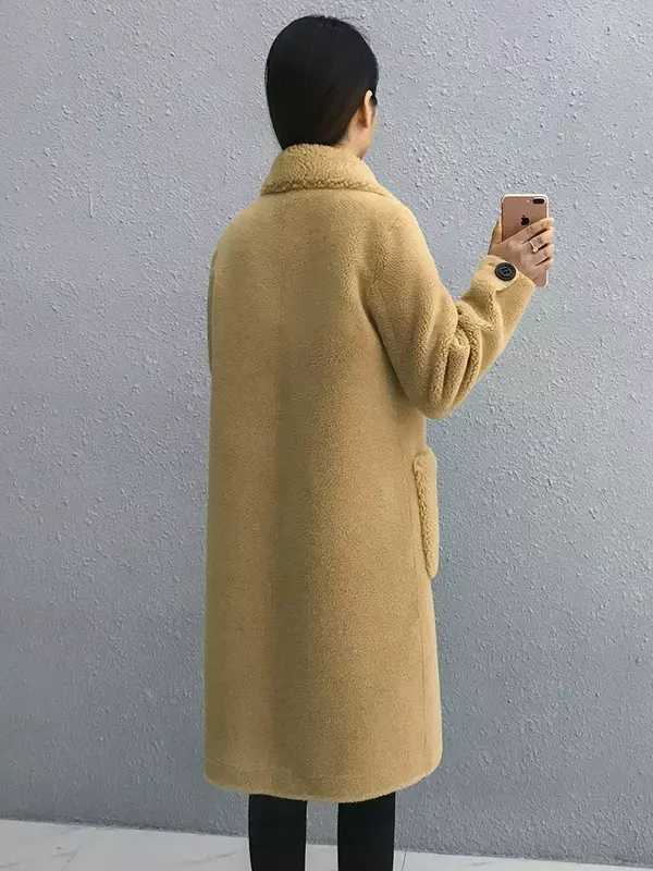 AYUNSUE – manteau en fourrure de mouton véritable pour femme, veste d'hiver longue en laine et cuir suédé, 2020