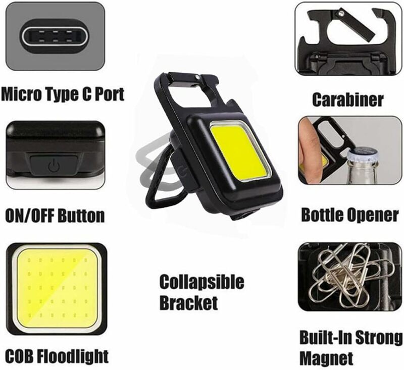 Multifuncional Mini LED Lanterna Chaveiro, portátil COB Camping Lâmpadas, carregamento USB, luzes de trabalho, lanterna de pesca, 200-500MA