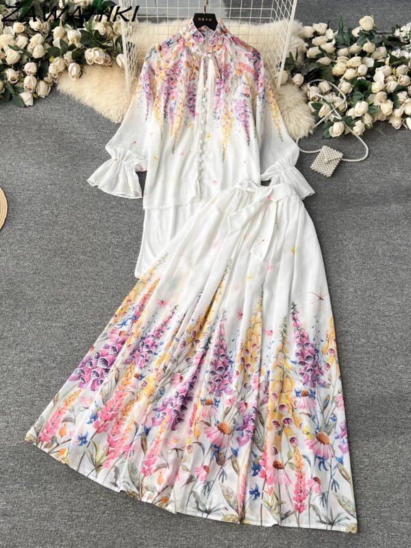 Conjunto de dos piezas de gasa con lazo Floral para mujer, Tops de Color sólido que combinan con todo, faldas holgadas plisadas