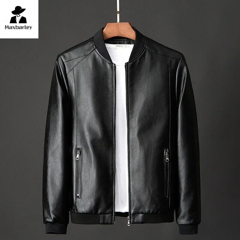 Мужская байкерская куртка из ПУ кожи, черная Повседневная приталенная куртка из ПУ кожи, модель 8Xl в Корейском стиле на осень, 2024