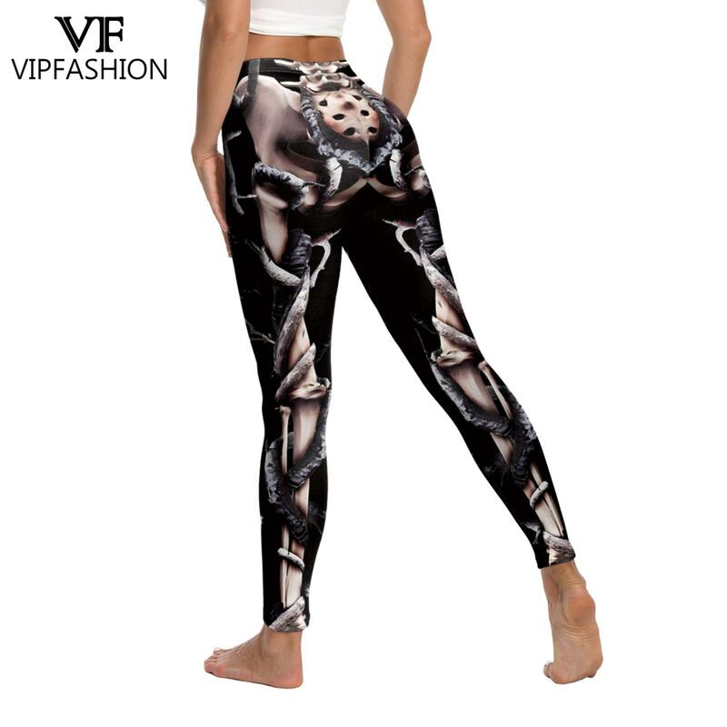 VIP FASHION legginsy ze wzorem szkieletu dla kobiet Halloween na imprezę Cosplay spodnie średnio wysoka talia elastyczne rajstopy codzienne spodnie do ćwiczeń