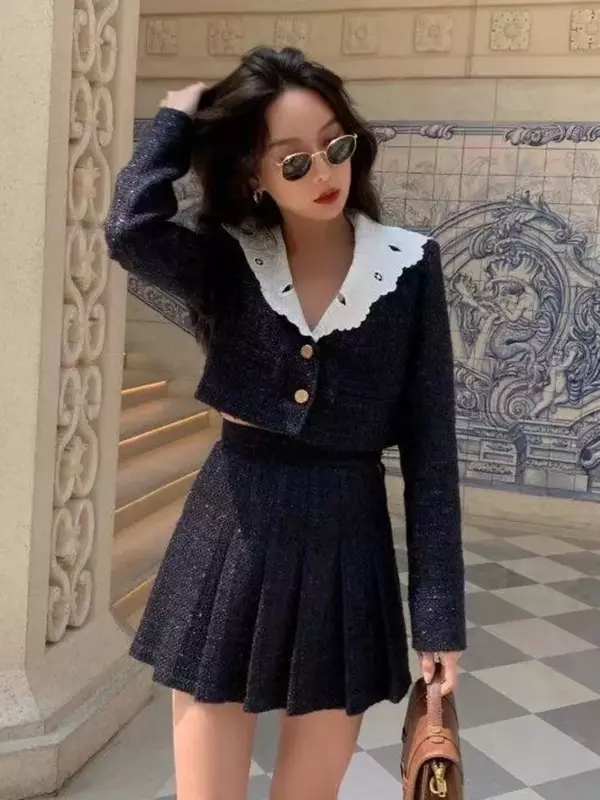 Fall Winter French Vintage Small Fragrance Tweed Two Piece Set Women Jacket Coat + Skirt Suits High Street Fashion 2 Piece Sets