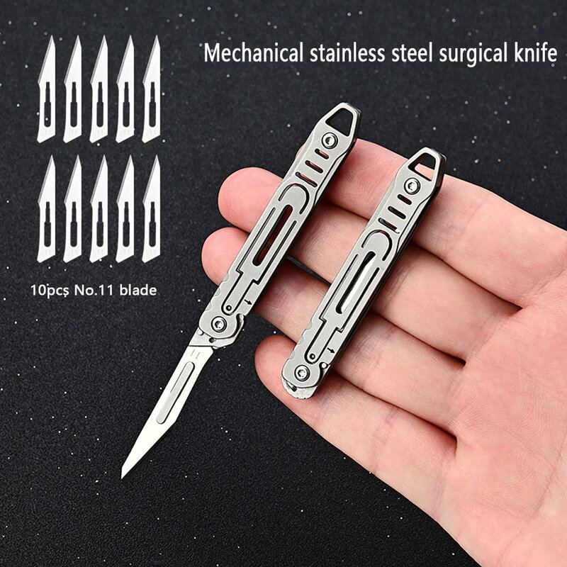 Aço inoxidável Medical Folding Bisturi Faca, EDC Outdoor Desembalar Pocket Knife, 10Pcs Lâminas Substituíveis