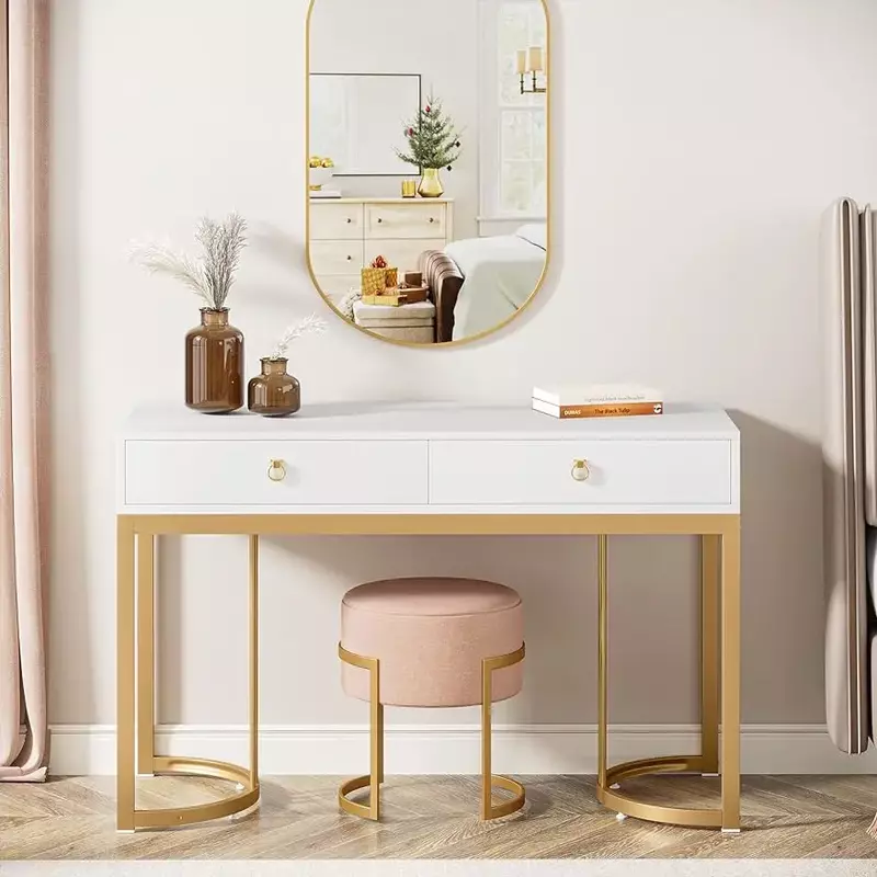 47-дюймовый белый и золотистый компьютерный стол с 2 ящиками, современный простой белый туалетный столик, макияжный стол с золотистым металлическим звеньем