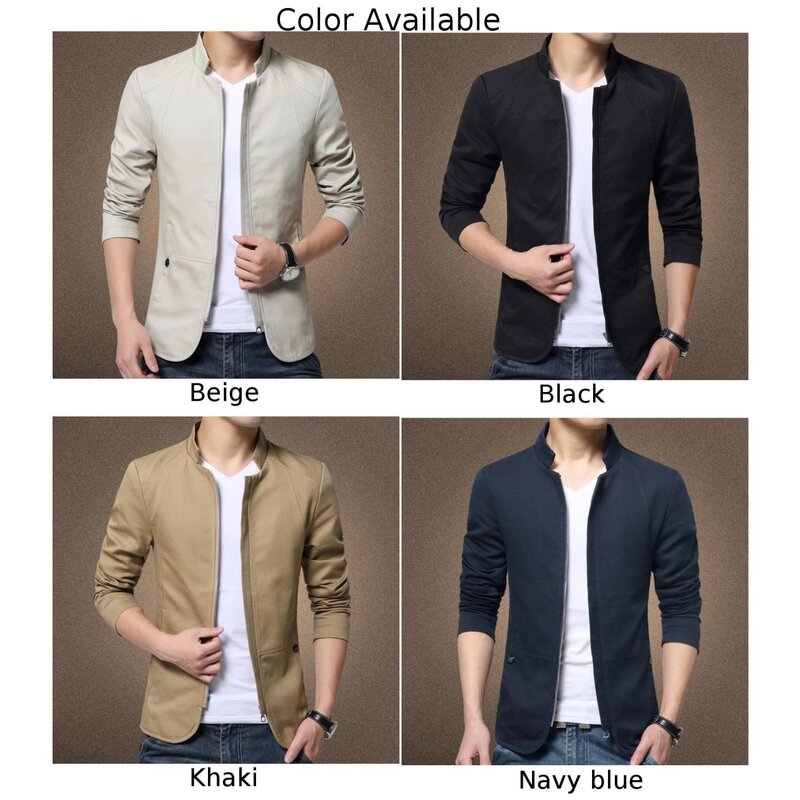 Jaket mantel pas badan untuk pria, jaket atasan bisnis kerah warna polos, mantel ritsleting Formal, jaket atasan untuk pria
