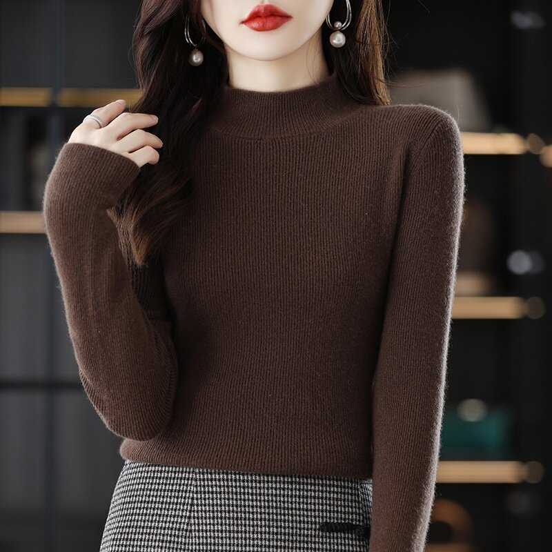 022 Sweter Wanita Baru Musim Gugur Musim Dingin % 100 Pulover Wol Setengah Turtleneck Lengan Panjang Longgar Pakaian Luar Atasan Hangat Rajutan
