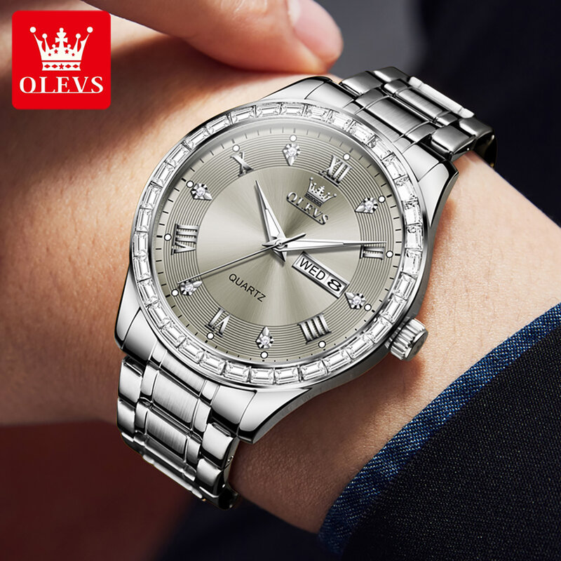 OLEVS 9906 diamentowe zegarki męskie wysokiej jakości stal nierdzewna data kalendarz Roman tarcza zegarek wodoodporny zegarek na rękę dla mężczyzn