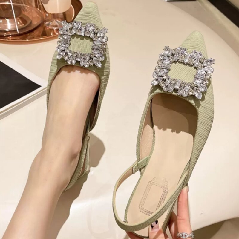 2024 square buckle rhinestone sandals new shallow mouth French High heel women shoes pumps