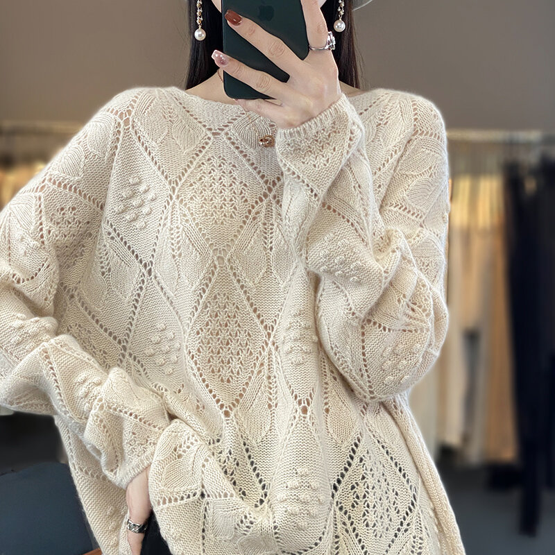 100% reiner Woll kaschmir pullover Damen O-Neck Pullover Mode koreanisch gestrickt hohl Luxus Pullover