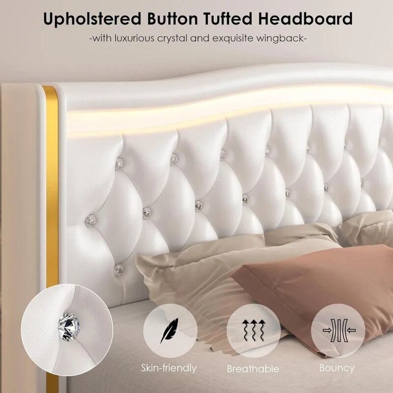 Marco de cama de plataforma LED inteligente con 4 cajones de almacenamiento, cabecero Wingback con botones de cristal y ribete dorado inoxidable