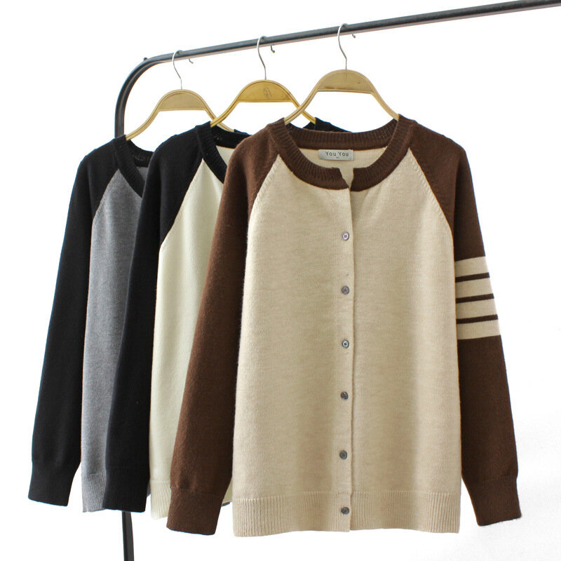 Suéter de talla grande 4XL para mujer, cárdigan de punto con cuello en V, Color de contraste, ropa curva de gran tamaño, 2023