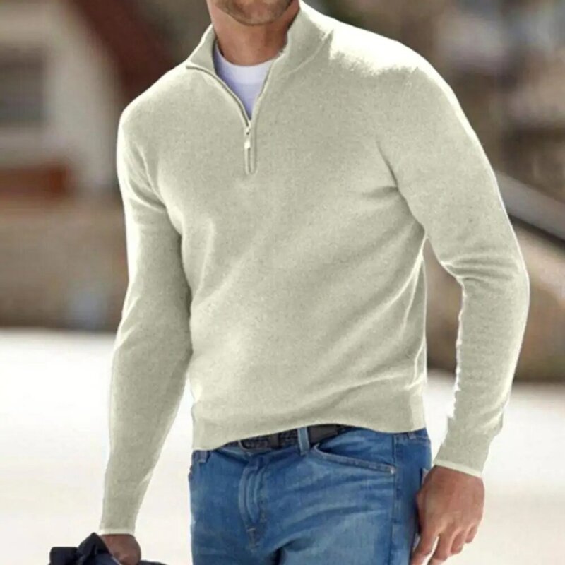 Sweater pria, atasan hangat kasual warna polos, perlindungan leher berdiri ritsleting musim dingin untuk lelaki