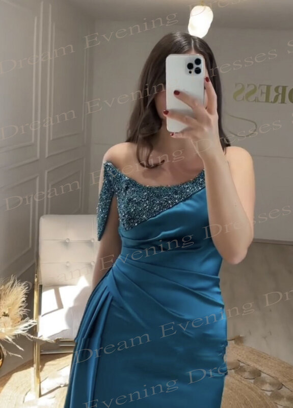 Vintage Modern Blue Satin Evening Dresses Sleeveless Strapless Prom Gowns Beaded Scoop Pleats Elegant Mermaid Vestidos De Fiesta