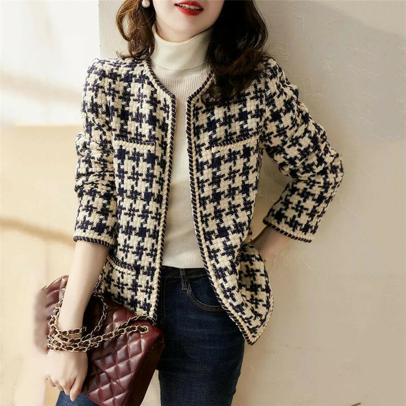 Novo outono inverno grosso das mulheres do vintage moda coreana chique tweed de lã manga longa casaco topo senhoras temperamento jaquetas outwear