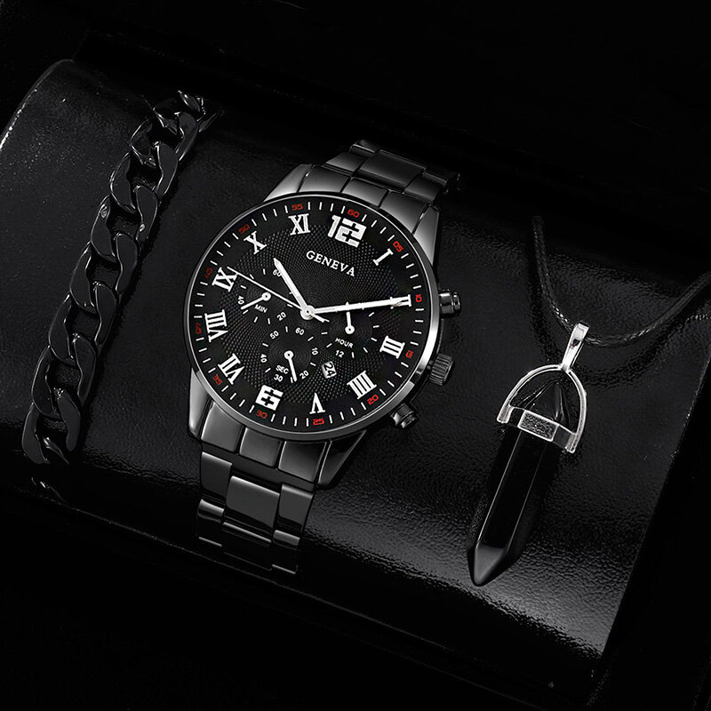 3Pc Set Mode Heren Zakelijke Kalender Horloges Mannen Casual Zwarte Armband Ketting Rvs Quartz Horloge Logio Masculino