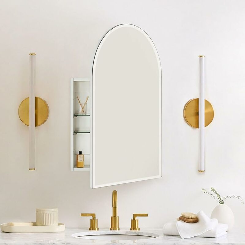White Frameless Arch Medicine Cabinet with Mirror Recess & Surface Mount Cabinet with Mirror for Bathroom, 30'' H x 20'' W