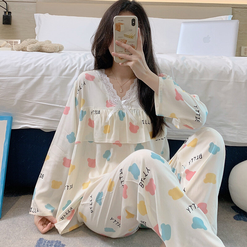 Langarmhose zweiteiliger Anzug Frühling dünne Pyjamas V-Ausschnitt Spitze Baumwolle Seide Nachthemd süßer Druck Home Wut Kleidung für Frauen