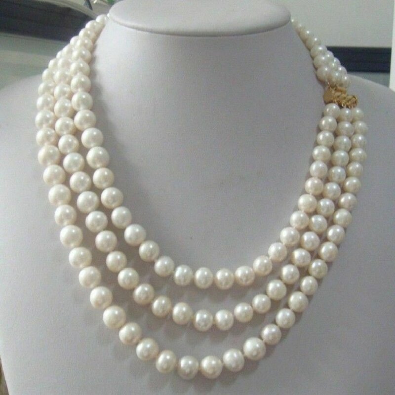 Triple Strands 8-9mm Real Australian South Sea White Pearl Necklace 18-20" AAA++