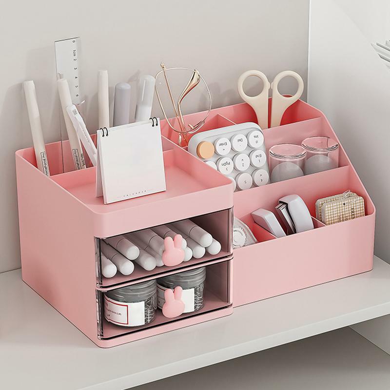Stationary Organizer Double Layer Storage Box With Rabbit Handle Makeup Organizer Drawers Desktop Stationery Storage Box Desk
