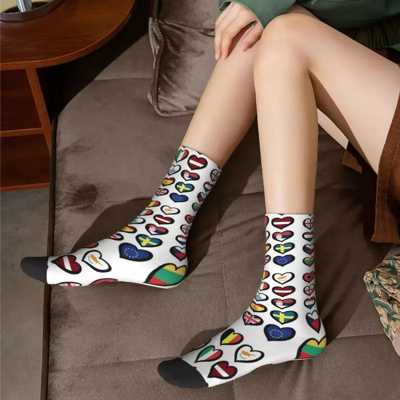 Eurovision Song Contest Flags Hearts Socks Harajuku calze Super morbide calze per tutte le stagioni accessori per regali di natale Unisex