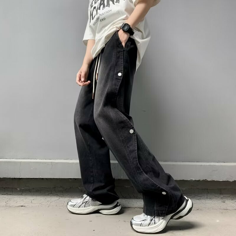 Джинсы мужские в европейском стиле, Модные Винтажные повседневные Простые брюки с вареным эффектом, с градиентным переходом цветов, на шнурке, универсальные прямые