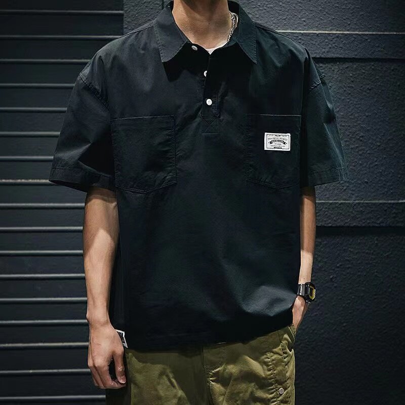 Camiseta casual coreano-americana masculina, estilo ferramental, manga curta, camisa de bolso, roupas masculinas com gola, blusa solta plus size, verão, nova