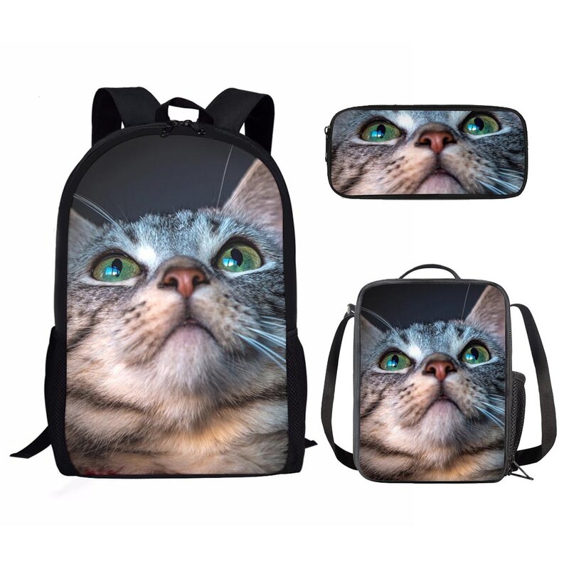 Conjunto de bolsas escolares con estampado de gato para niños y niñas, morral escolar de 3 piezas con bolsa de almuerzo para estudiantes, mochila de uso diario para el Campus