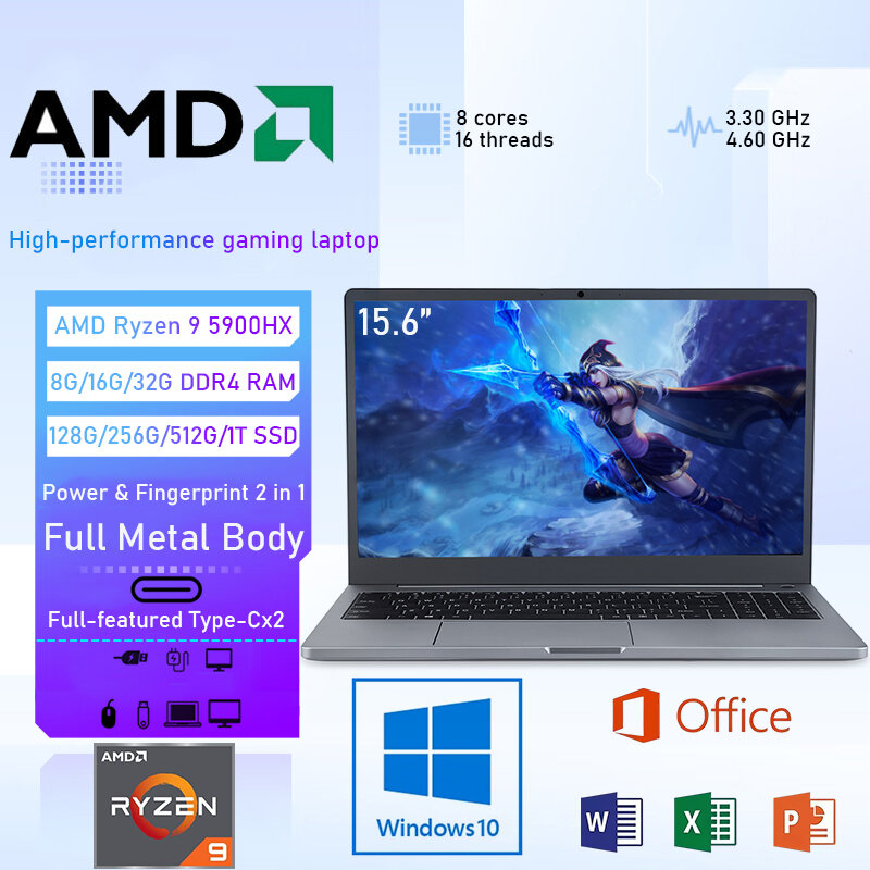 2023 Novo 15.6 Polegada Gaming Laptop AMD Ryzen 9 5900HX Windows 10 Notebook 32G RAM + 512G SSD Full Gamer Computer Pc Backlit Teclado